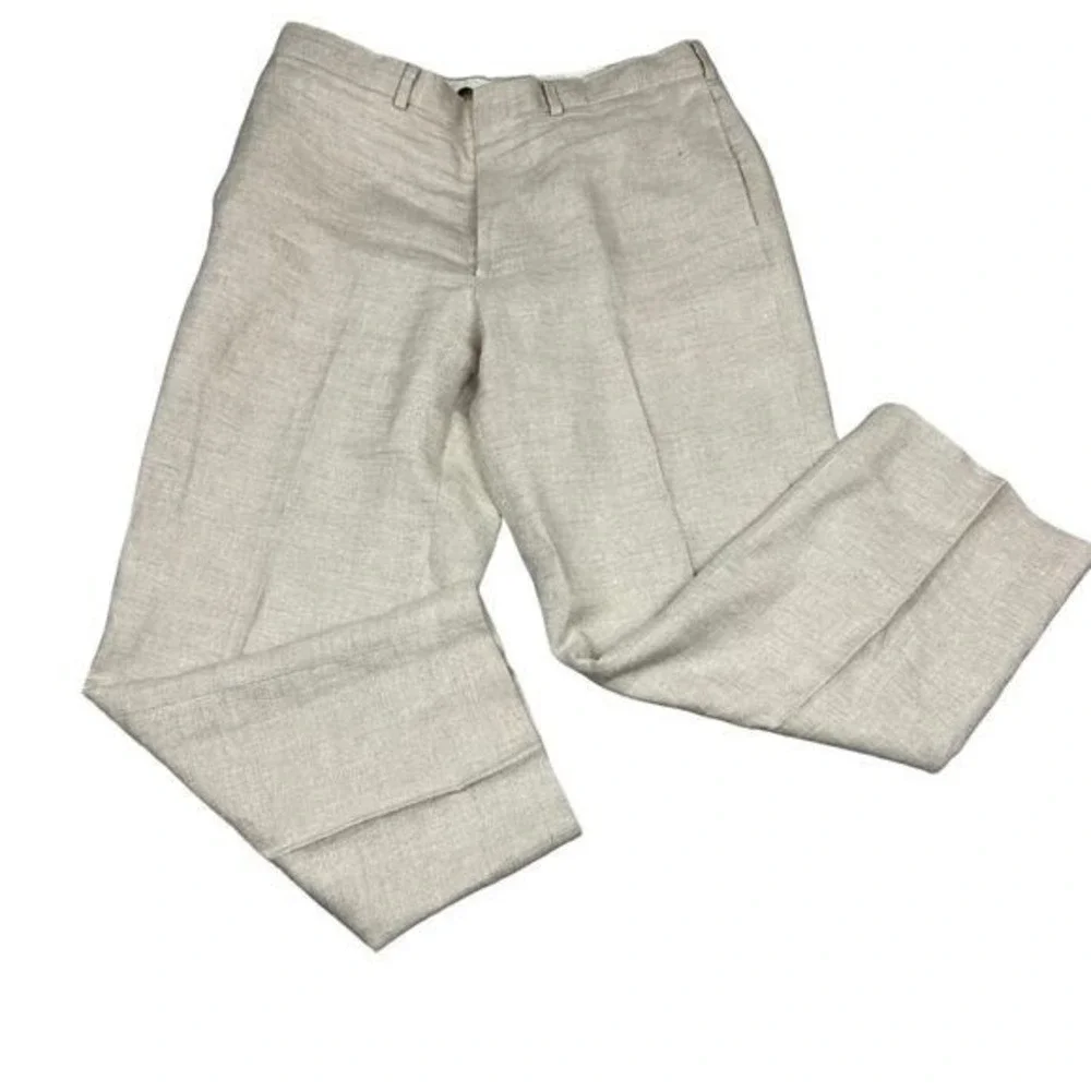 Lands End Linen Pants Mens 36 Beige Excellent Flat Front Straight Leg Trousers